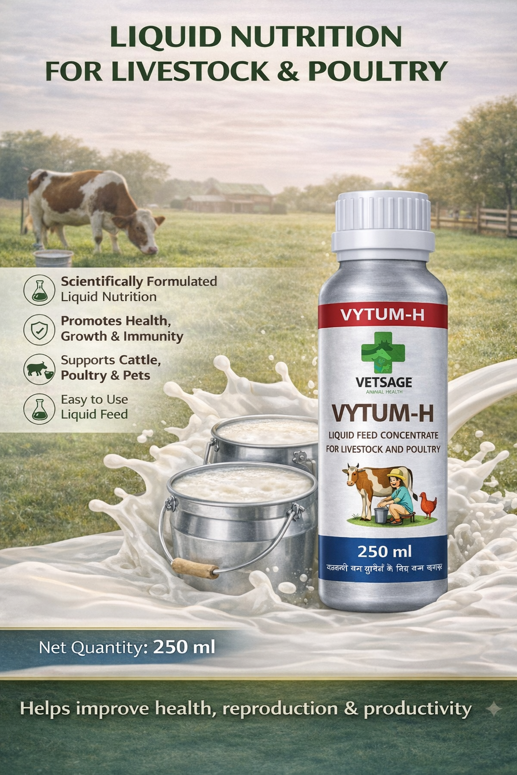 VYTUM H-Liquid Feed Supplement for Cattle, Livestock, and Pets, Liquid Nutritional Concentrate for Daily Dietary Management and Animal Wellness Support